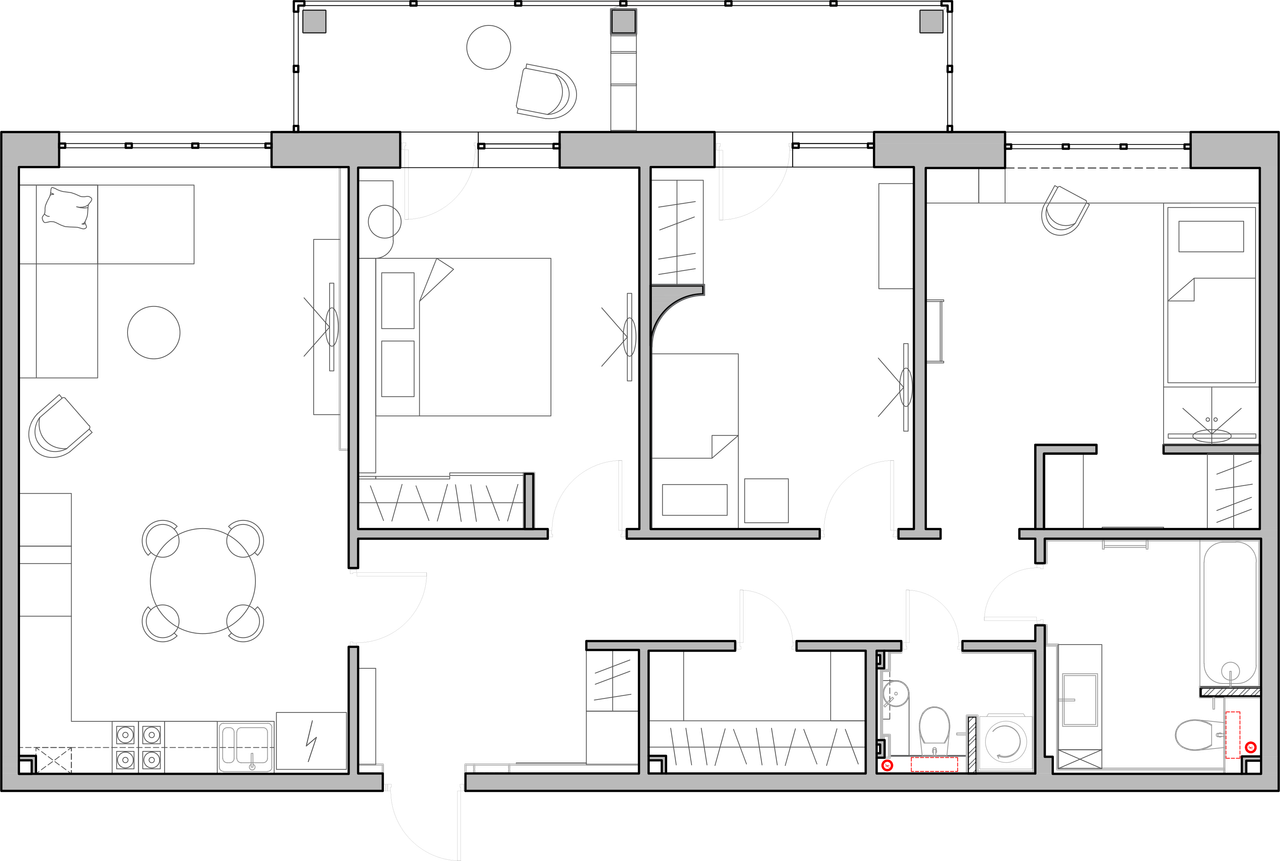 Планировка трёхкомнатной квартиры 103,4 м² в ЖК «Формат» с расстановкой мебели
